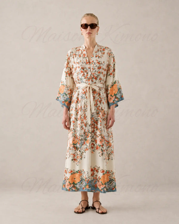 Kimono long beige fleuri boheme