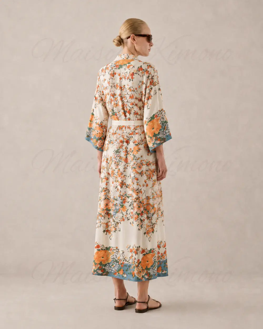 Kimono long beige fleuri boheme