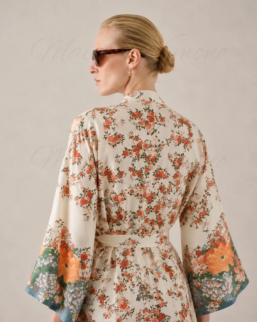 Kimono long beige fleuri boheme