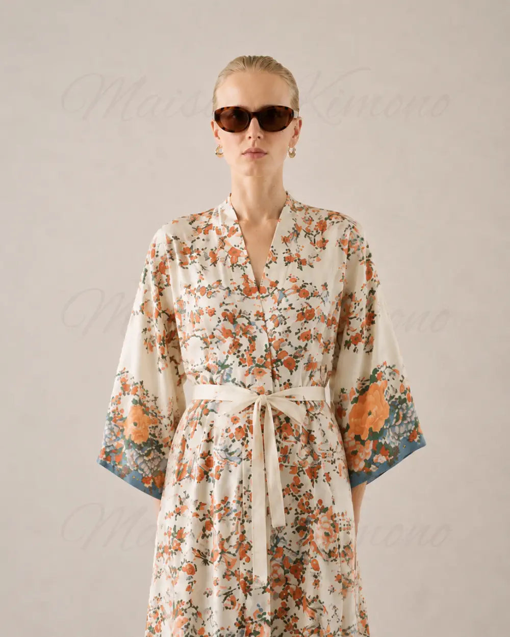 Kimono long beige fleuri boheme