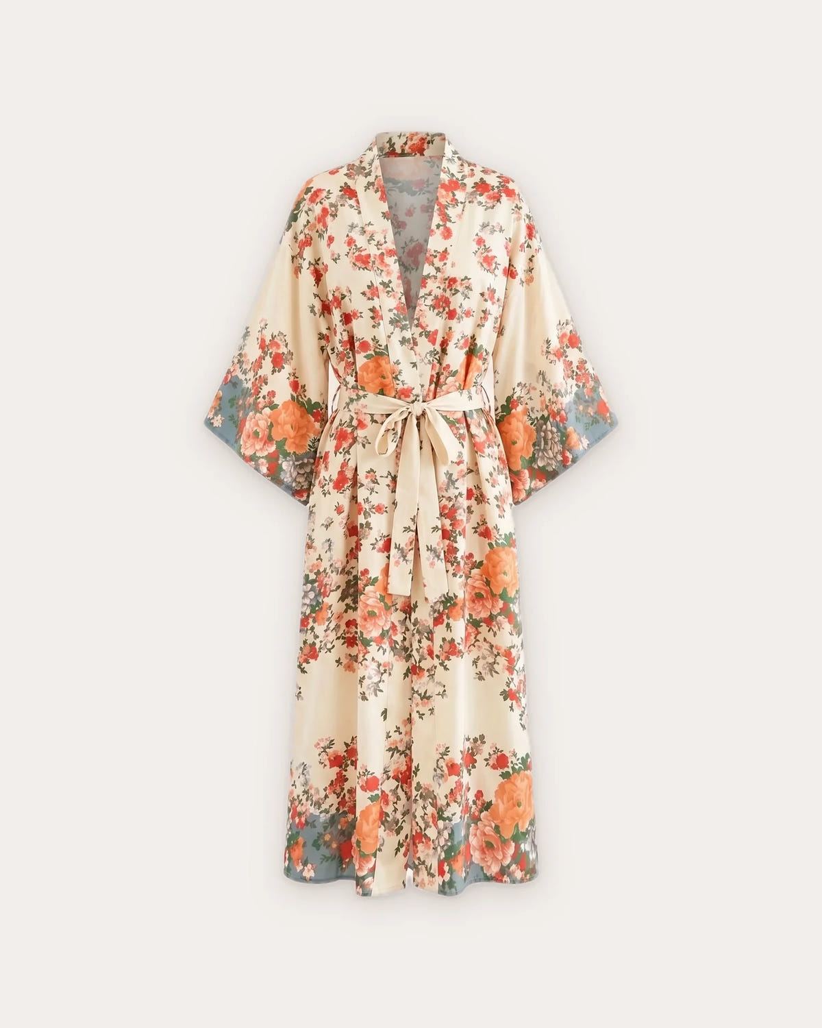 Kimono long beige fleuri boheme