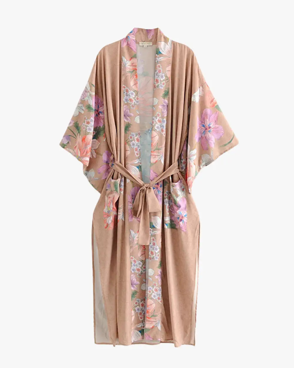 Kimono long beige rose avec motif fleur & paon Sumire