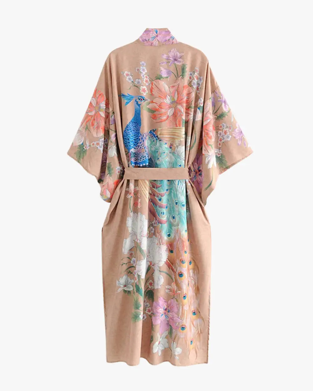 Kimono long beige rose avec motif fleur & paon Sumire