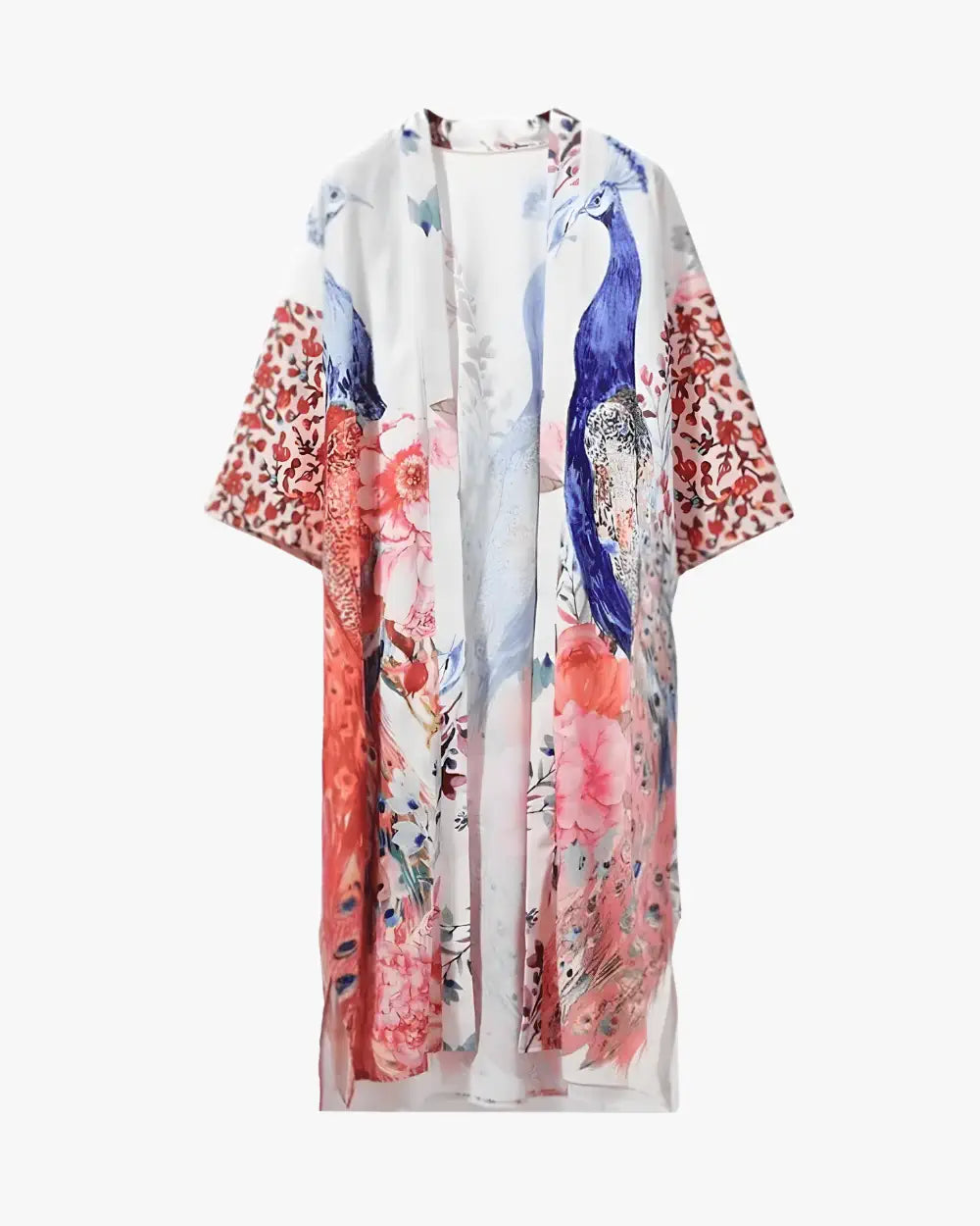 Kimono long blanc femme motif paon et fleurs Hakuchō