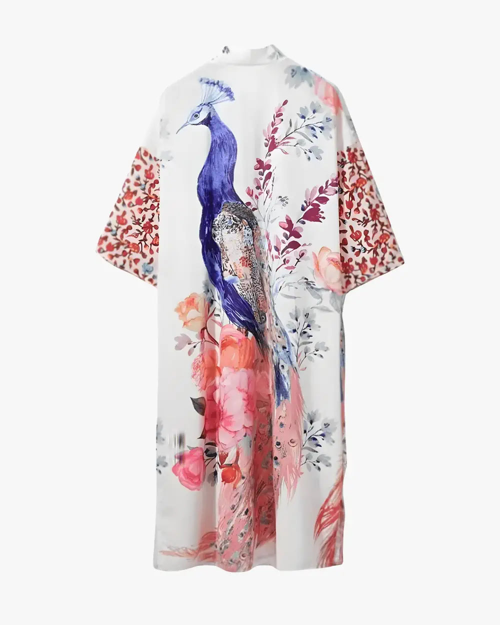 Kimono long blanc femme motif paon et fleurs Hakuchō