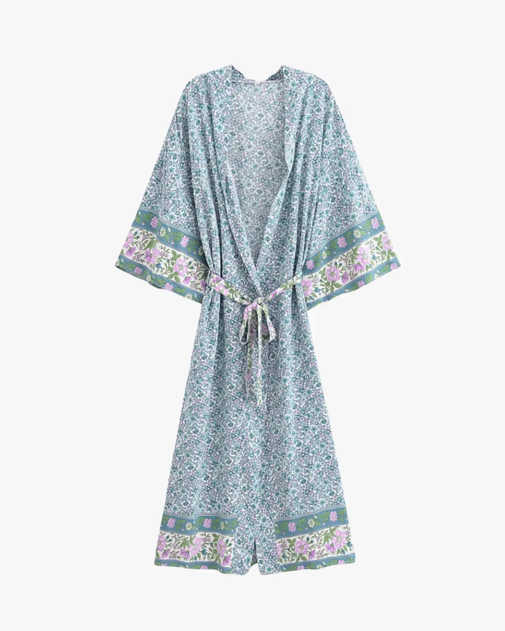 Kimono long bleu avec motifs lilas boheme femme Ayaka