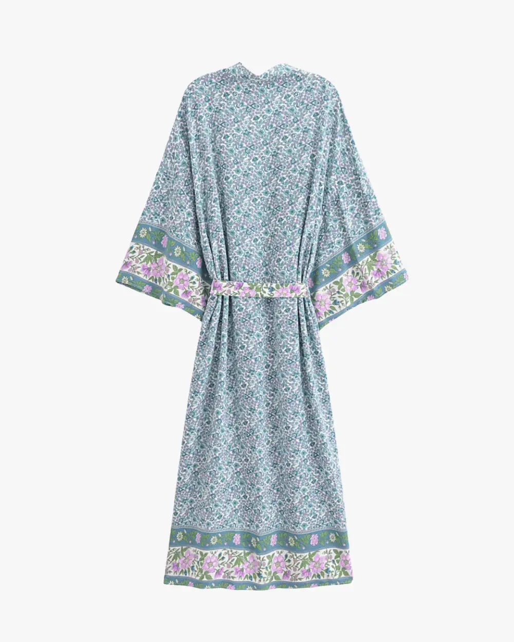 Kimono long bleu avec motifs lilas boheme femme Ayaka