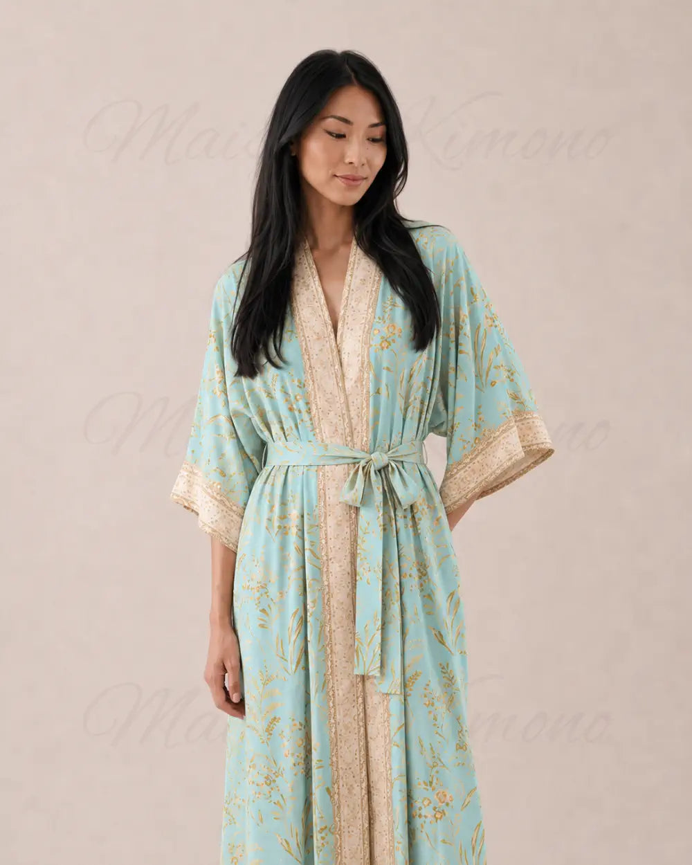 Kimono long femme fleuri bleu chic