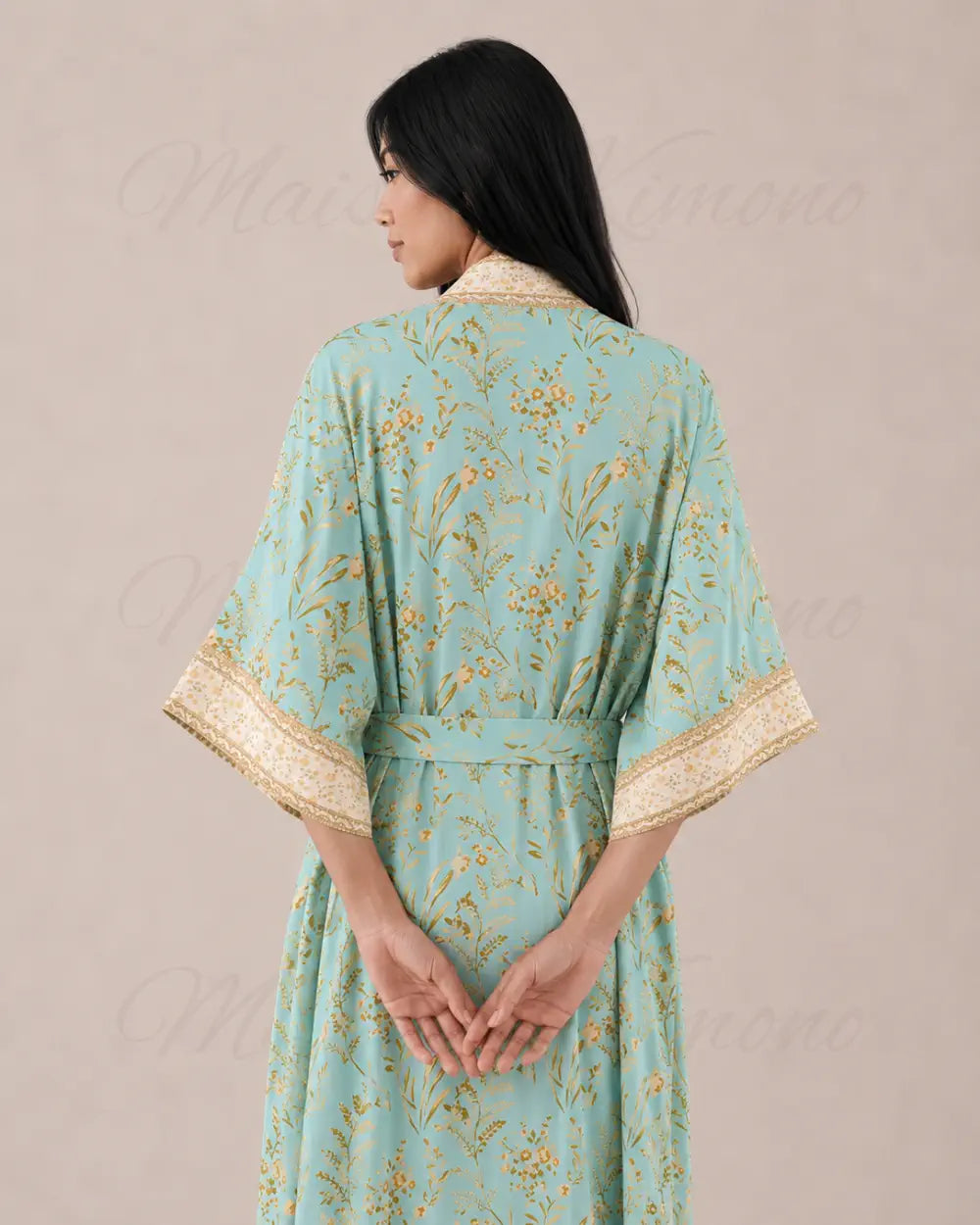 Kimono long femme fleuri bleu chic