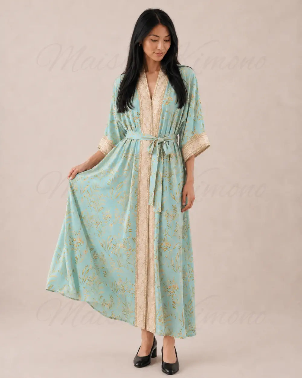 Kimono long femme fleuri bleu chic