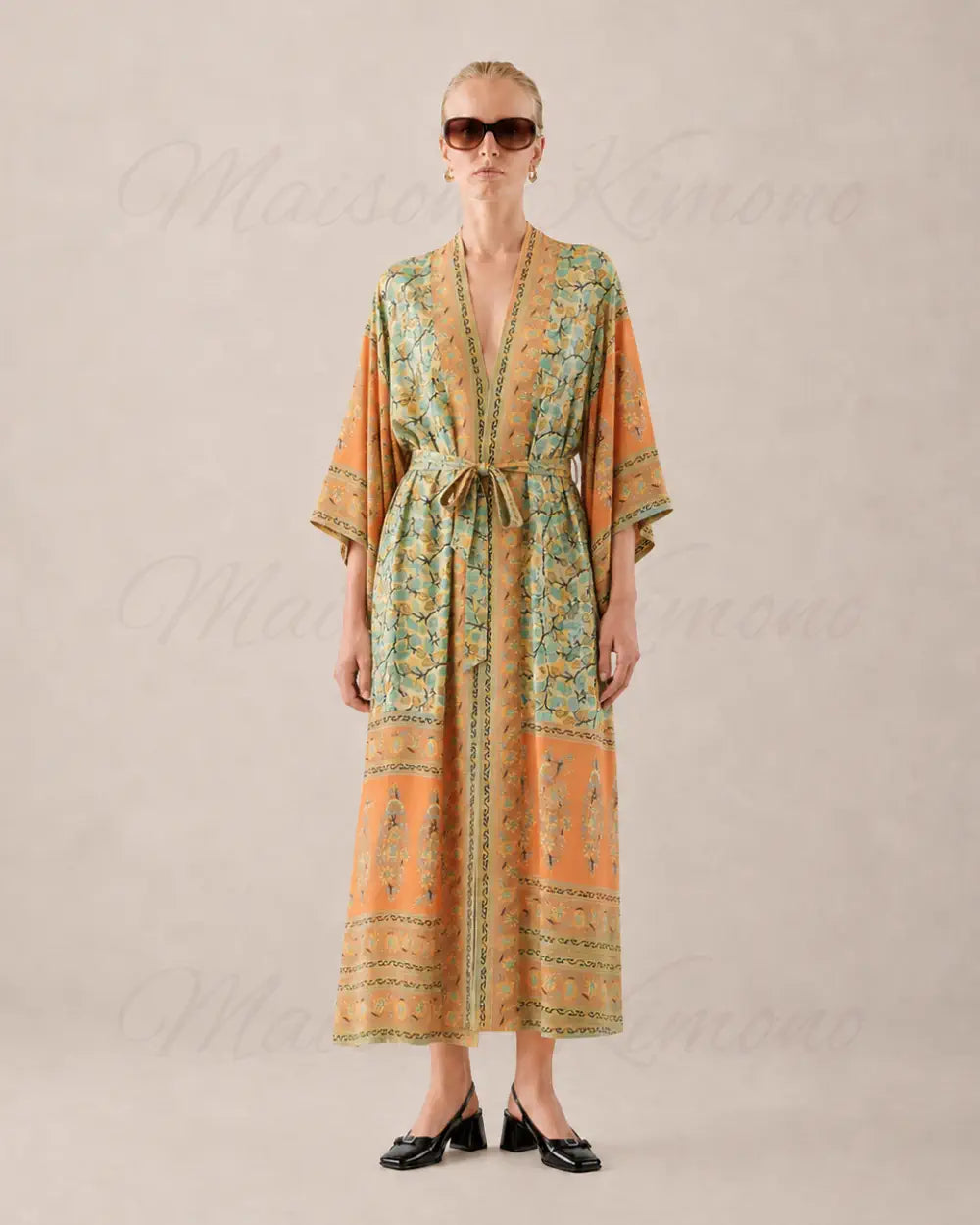 Kimono long femme fleuri orange vert