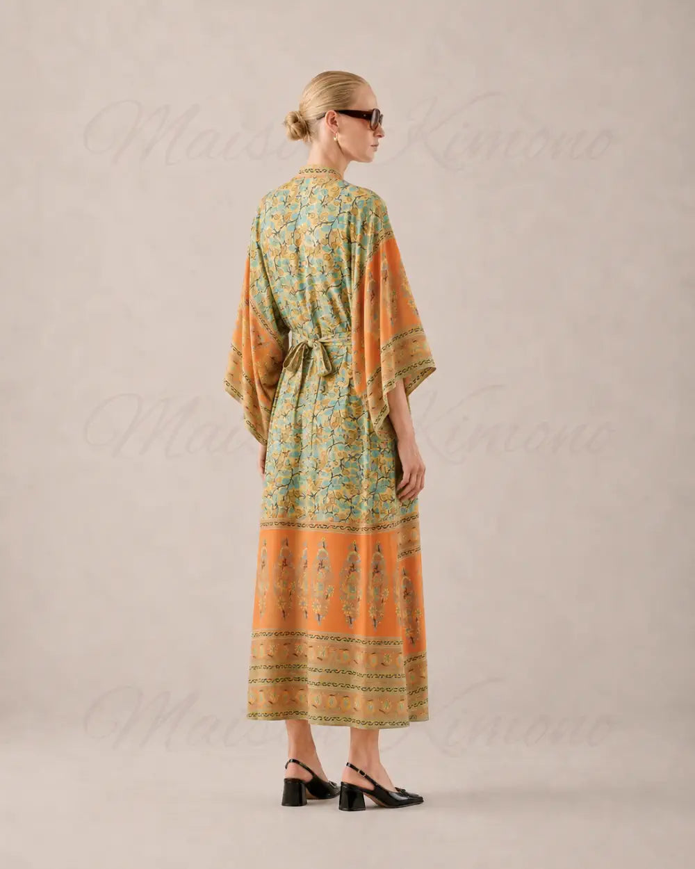 Kimono long femme fleuri orange vert
