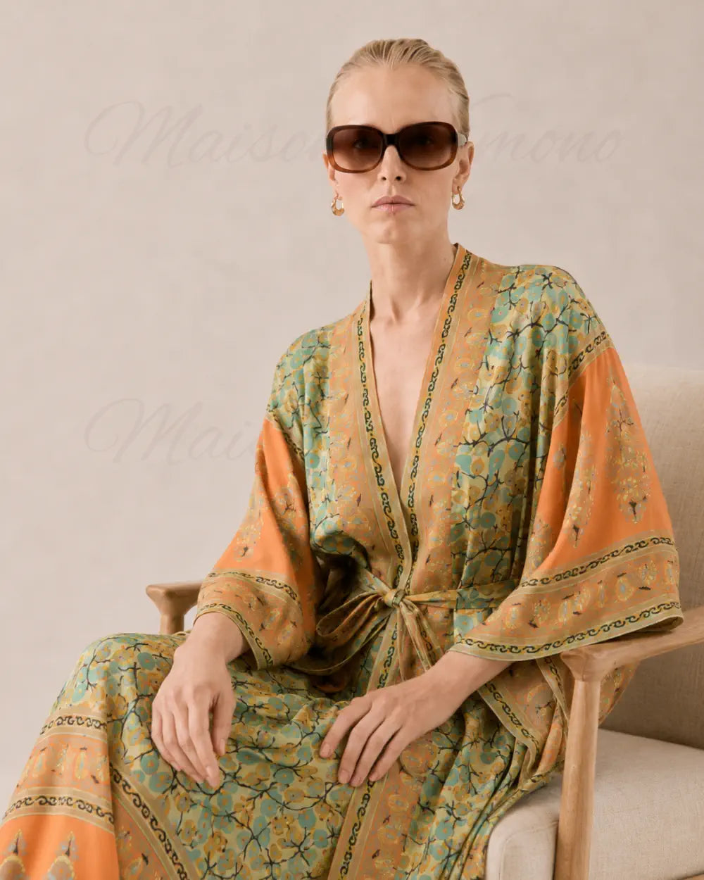 Kimono long femme fleuri orange vert