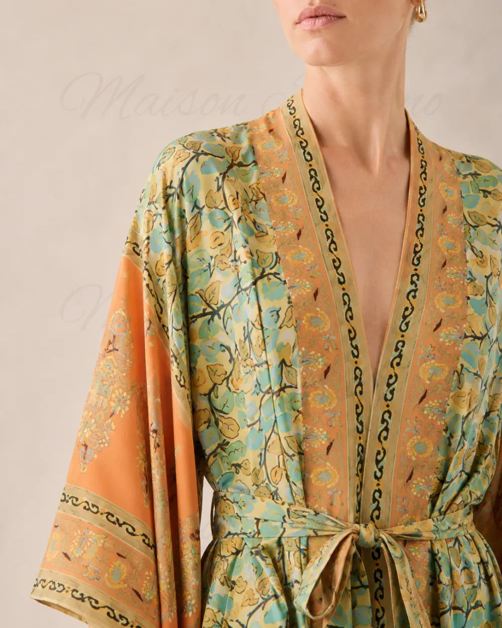 Kimono long femme fleuri orange vert