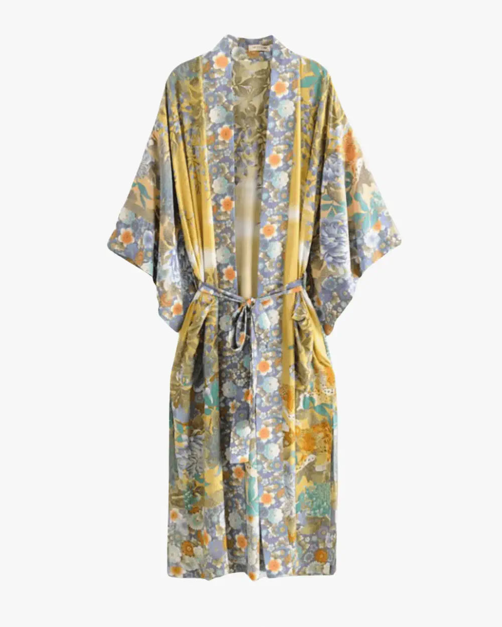 Kimono long fleuri bleu lavande boheme femme Fujiwara