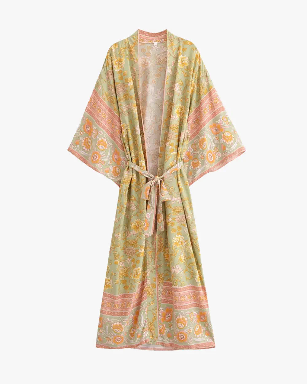 Kimono long fleuri vert clair style boheme femme Sayaka