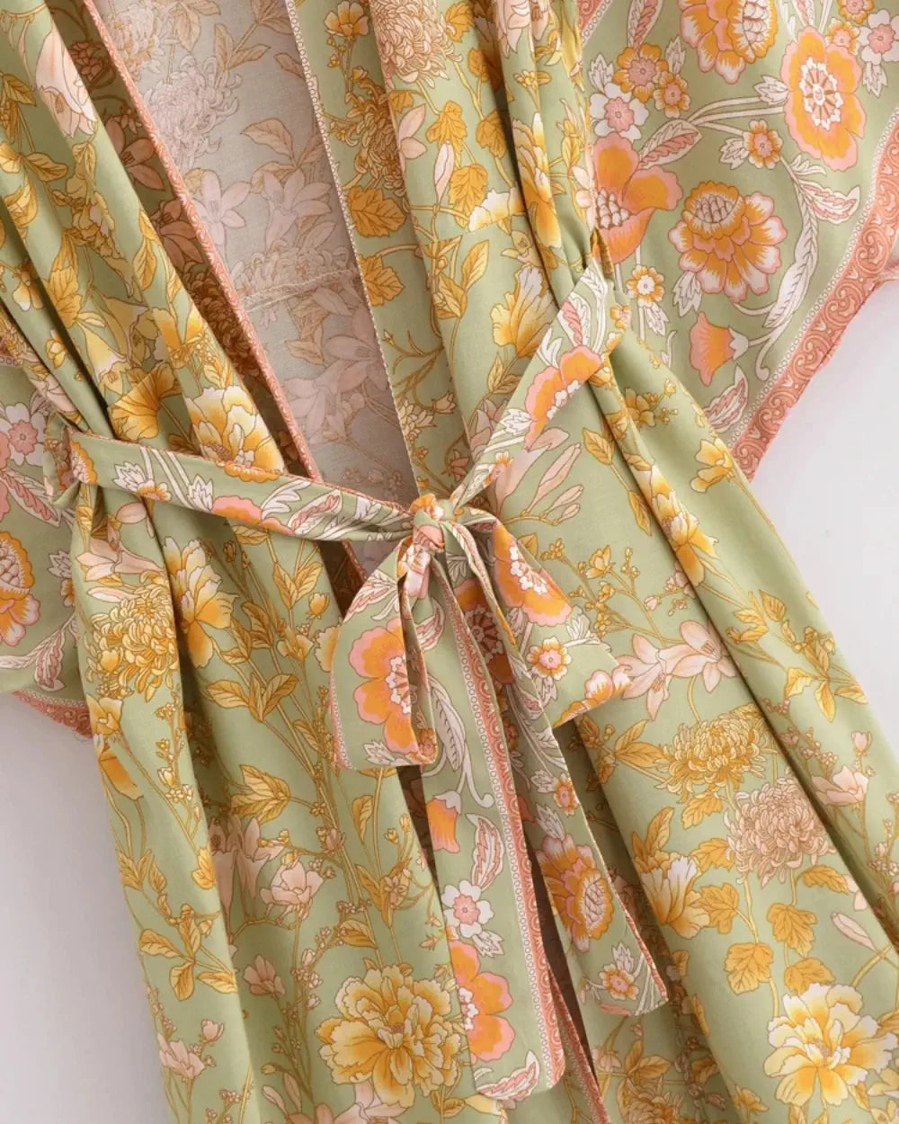 Kimono long fleuri vert clair style boheme femme Sayaka