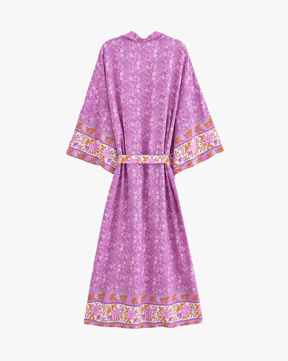 Kimono long fuchsia avec motifs lilas boheme femme Ayaka