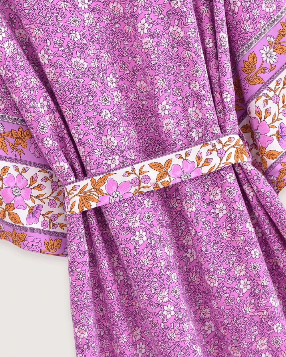 Kimono long fuchsia avec motifs lilas boheme femme Ayaka