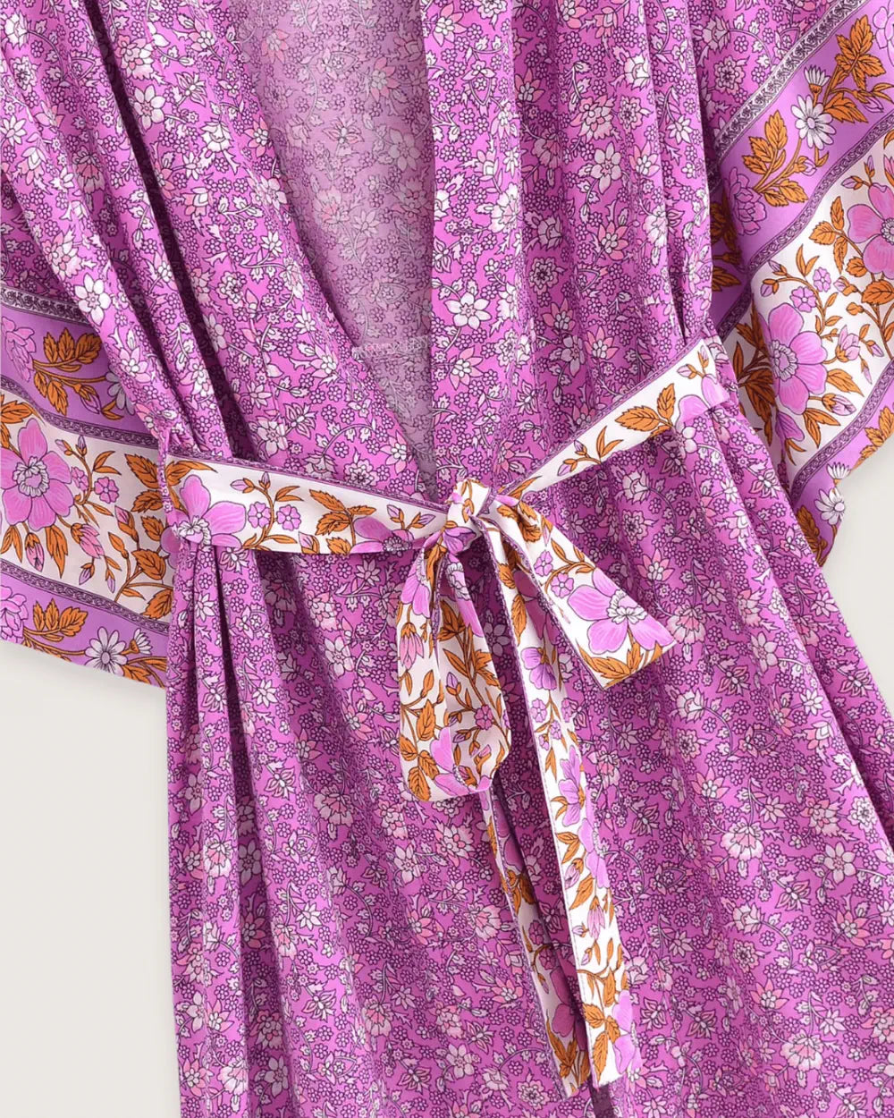 Kimono long fuchsia avec motifs lilas boheme femme Ayaka