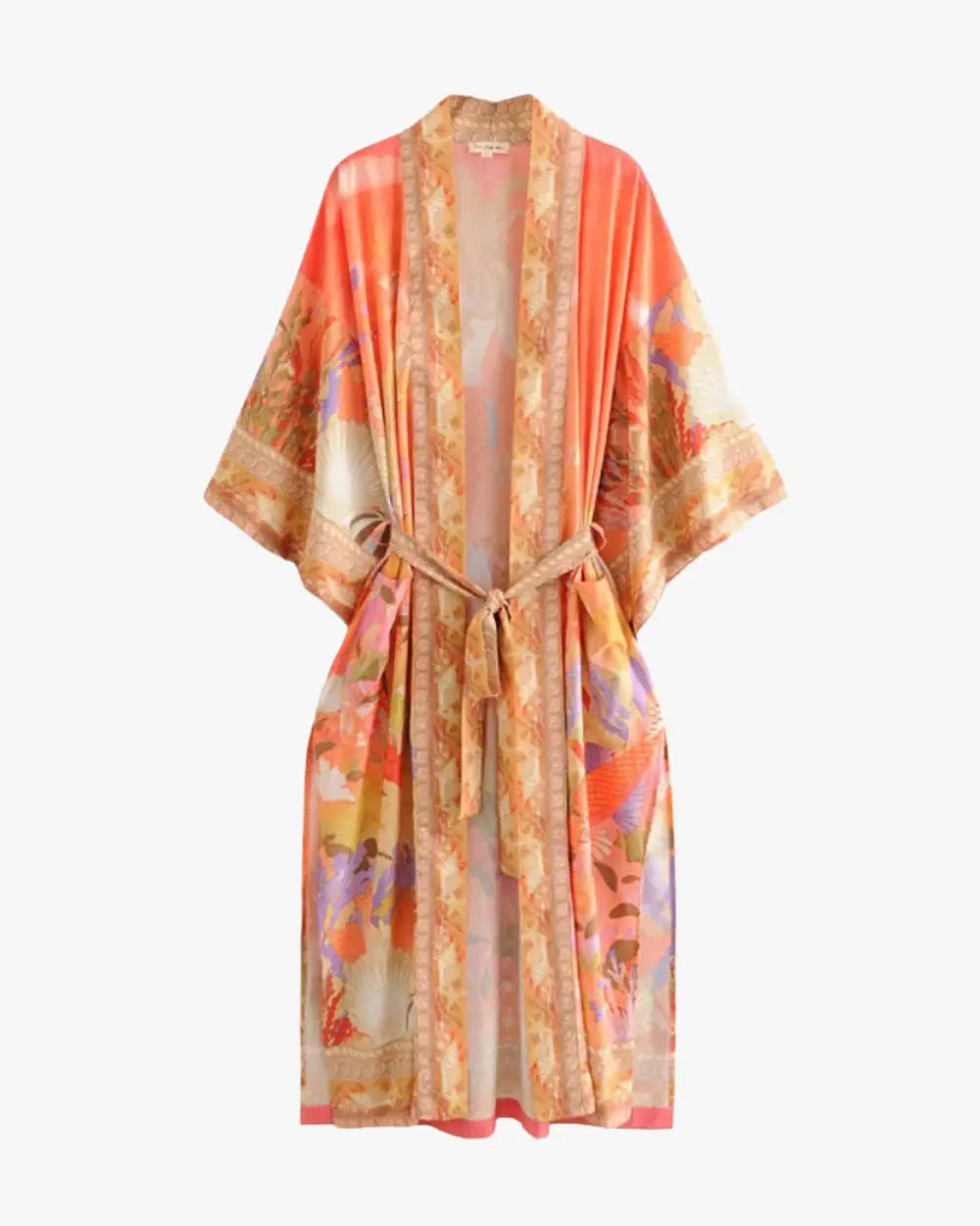 Kimono long manche orange fleuri femme Umiya