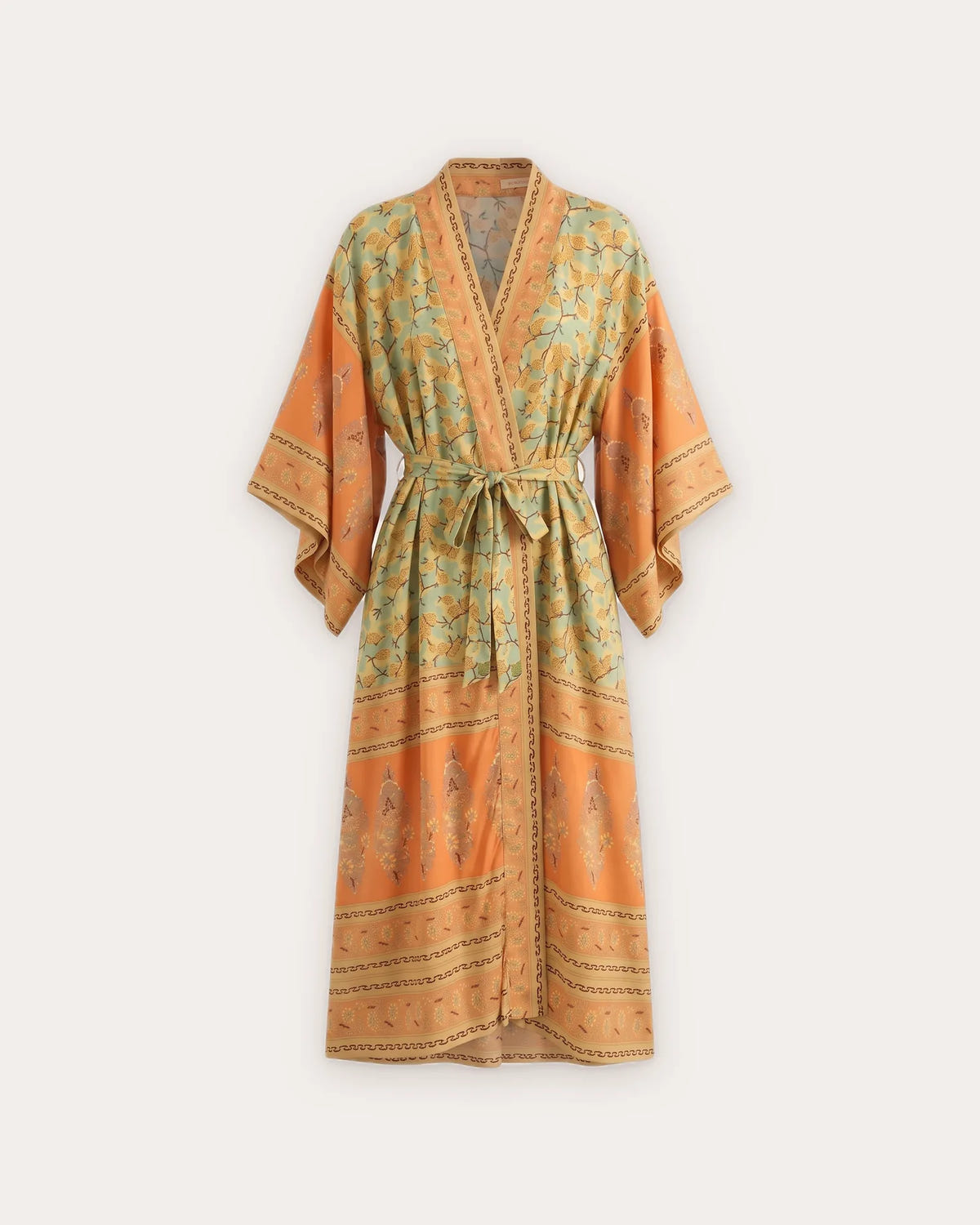 Kimono long orange & vert avec motifs floraux Momiji