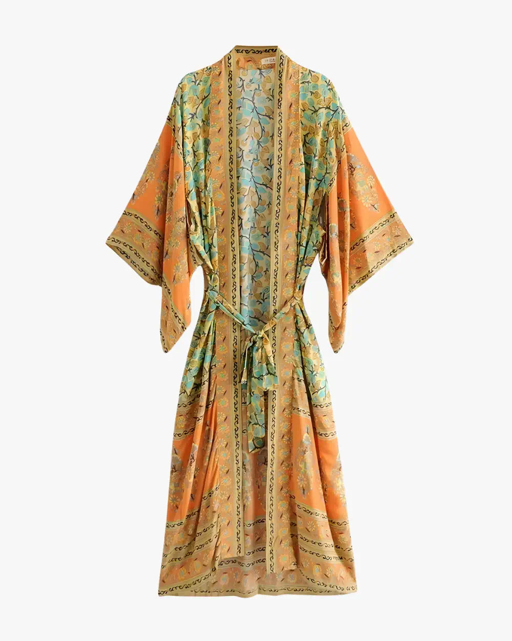 Kimono long orange & vert avec motifs floraux Momiji