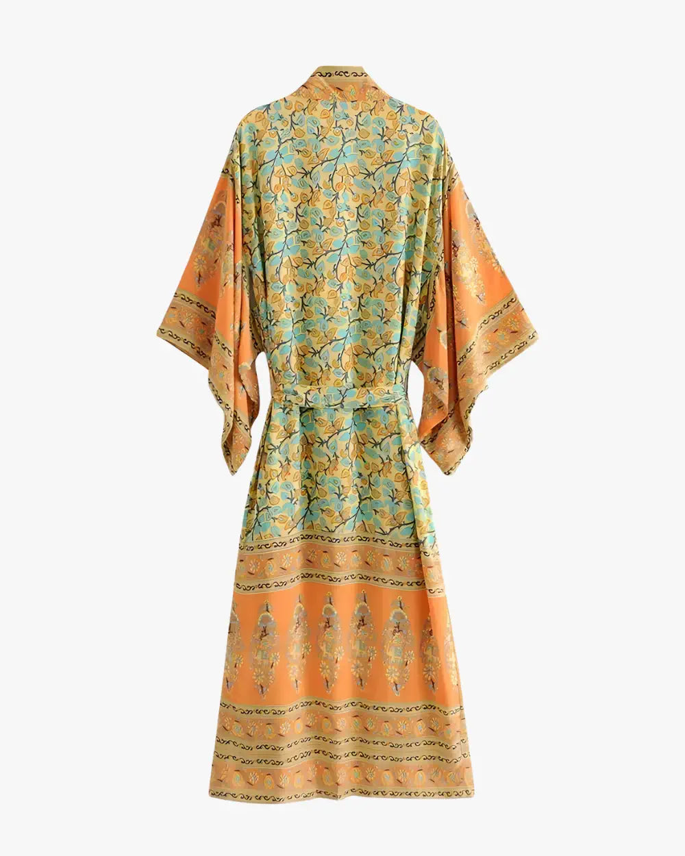 Kimono long orange & vert avec motifs floraux Momiji