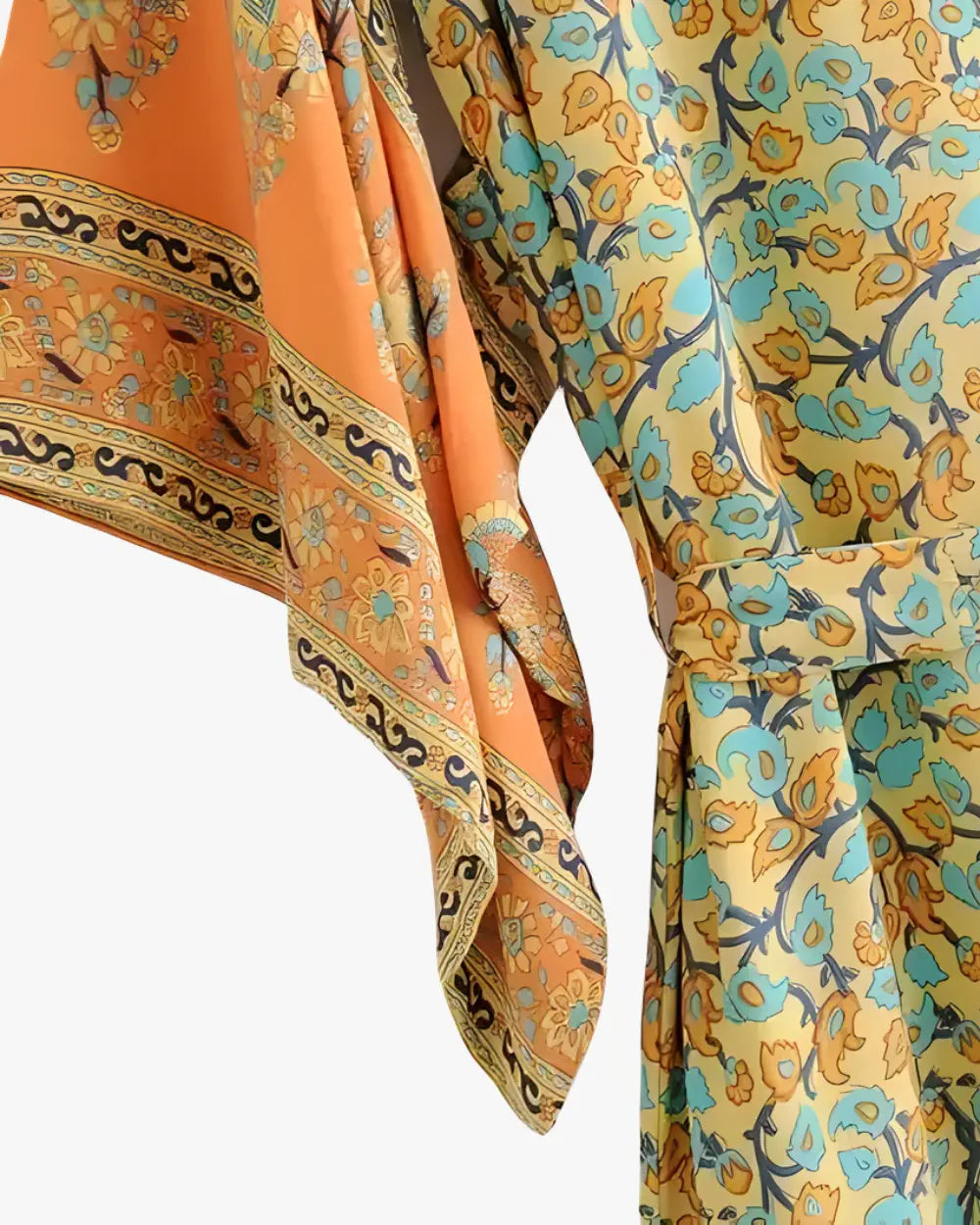 Kimono long orange & vert avec motifs floraux Momiji