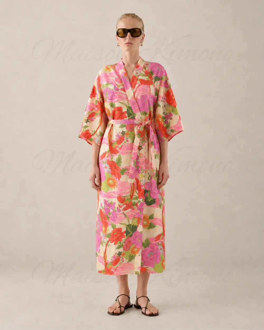 Kimono long rose pastel fleuri femme