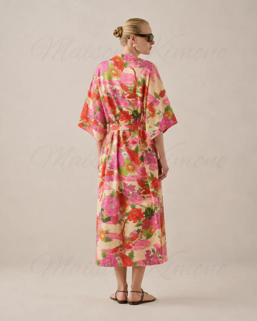 Kimono long rose pastel fleuri femme