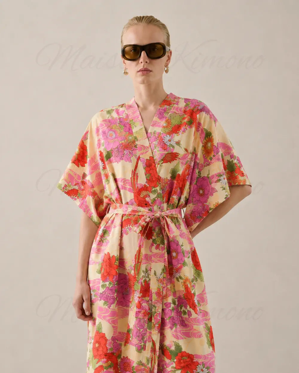Kimono long rose pastel fleuri femme
