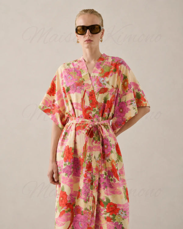 Kimono long rose pastel fleuri femme