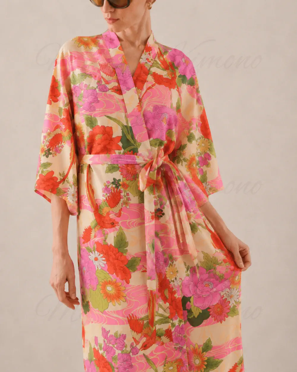 Kimono long rose pastel fleuri femme