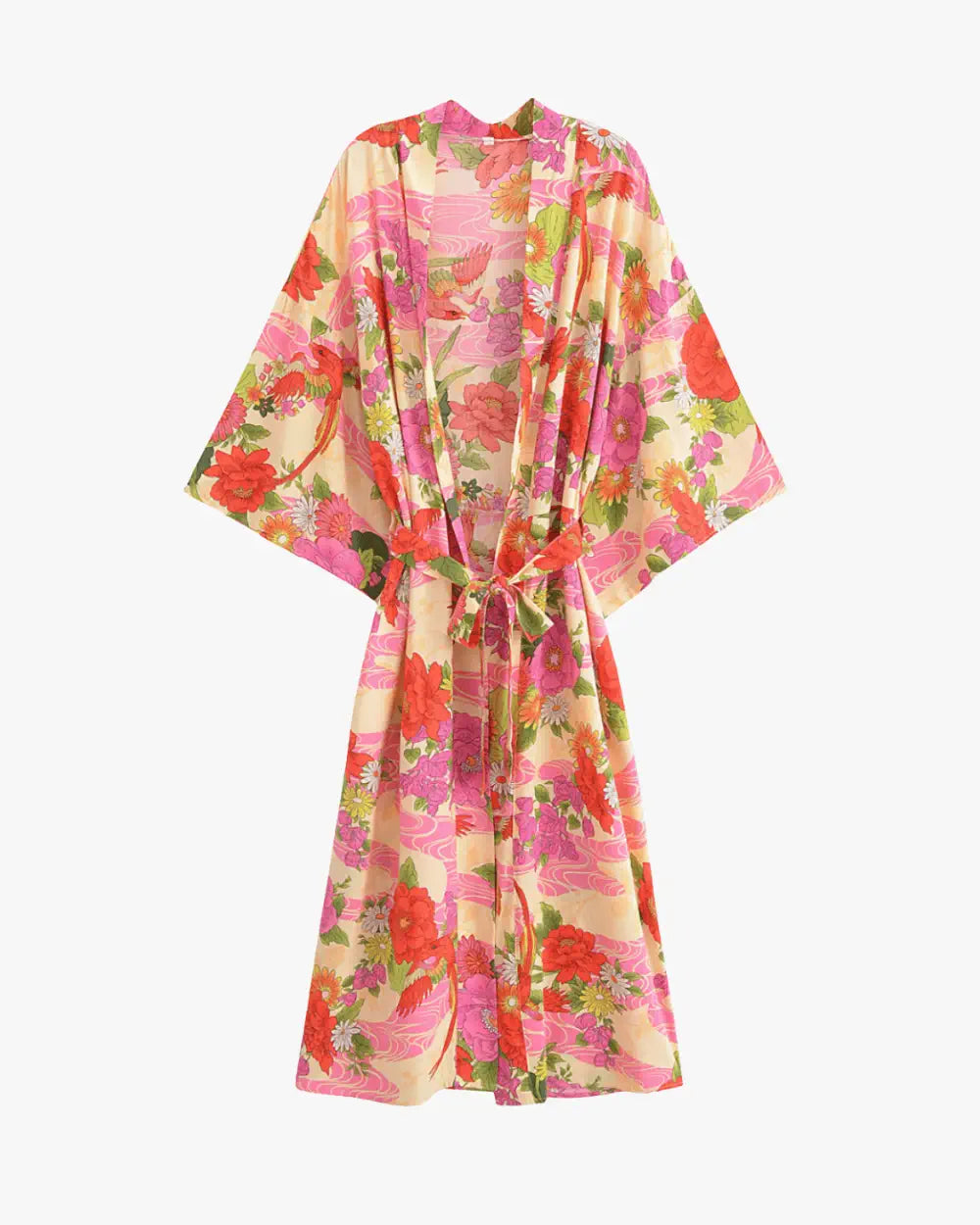 Kimono long rose pastel fleuri femme