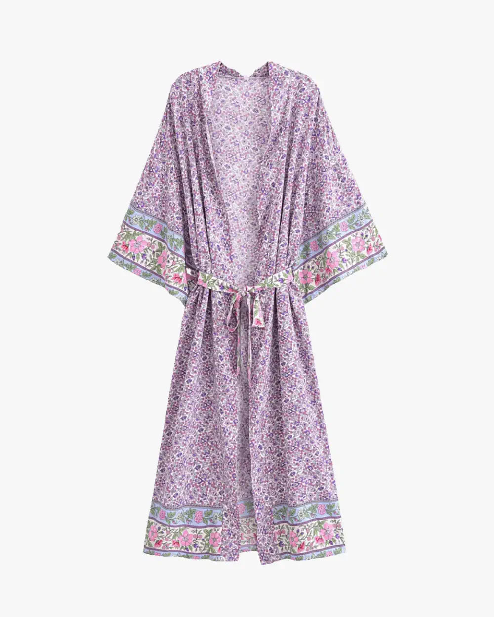 Kimono long violet avec motifs lilas boheme femme Ayaka