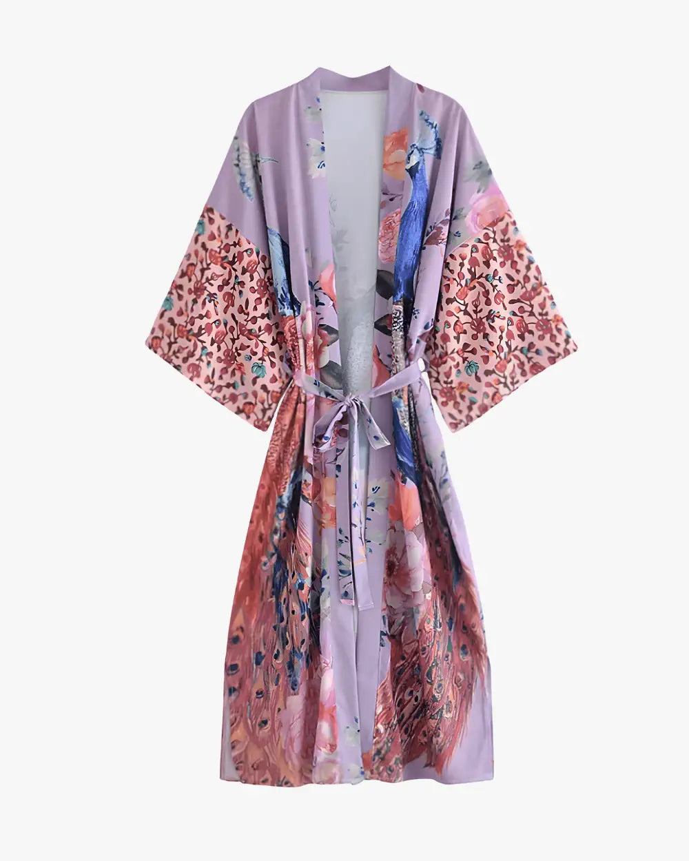 Kimono long violet femme motif paon et fleurs Hakuchō