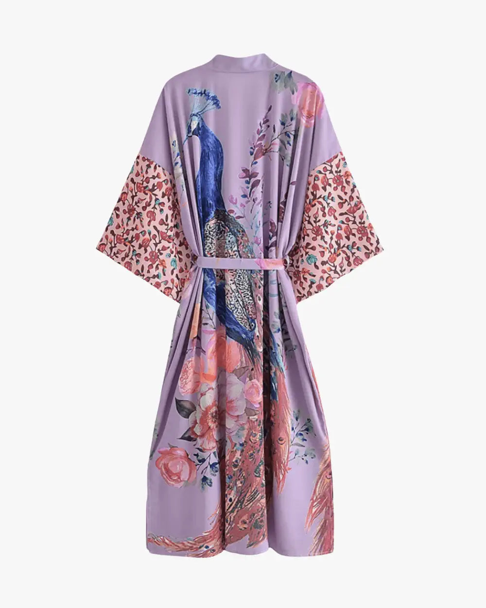 Kimono long violet femme motif paon et fleurs Hakuchō