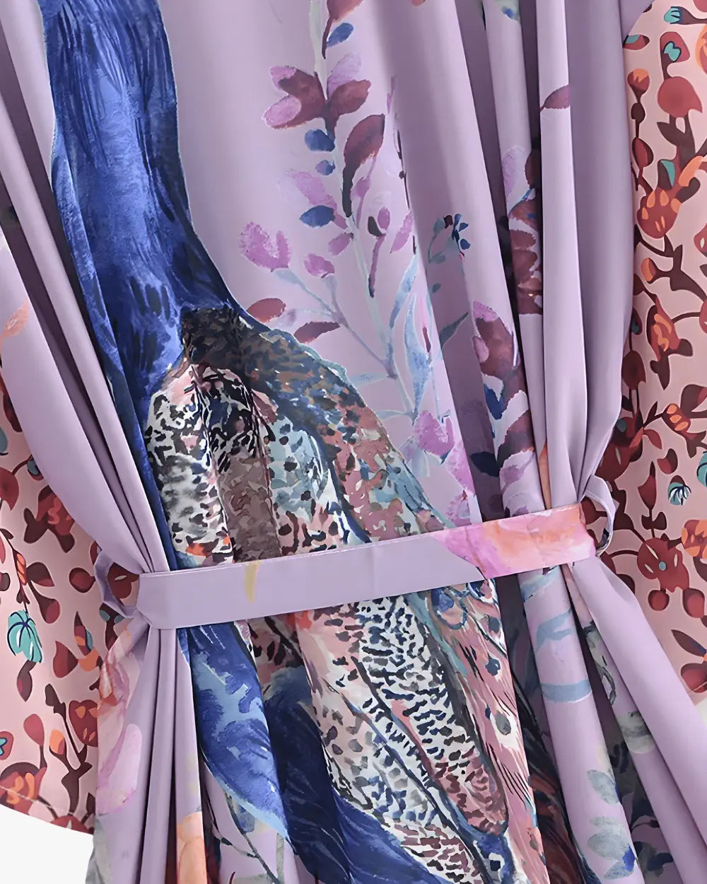Kimono long violet femme motif paon et fleurs Hakuchō