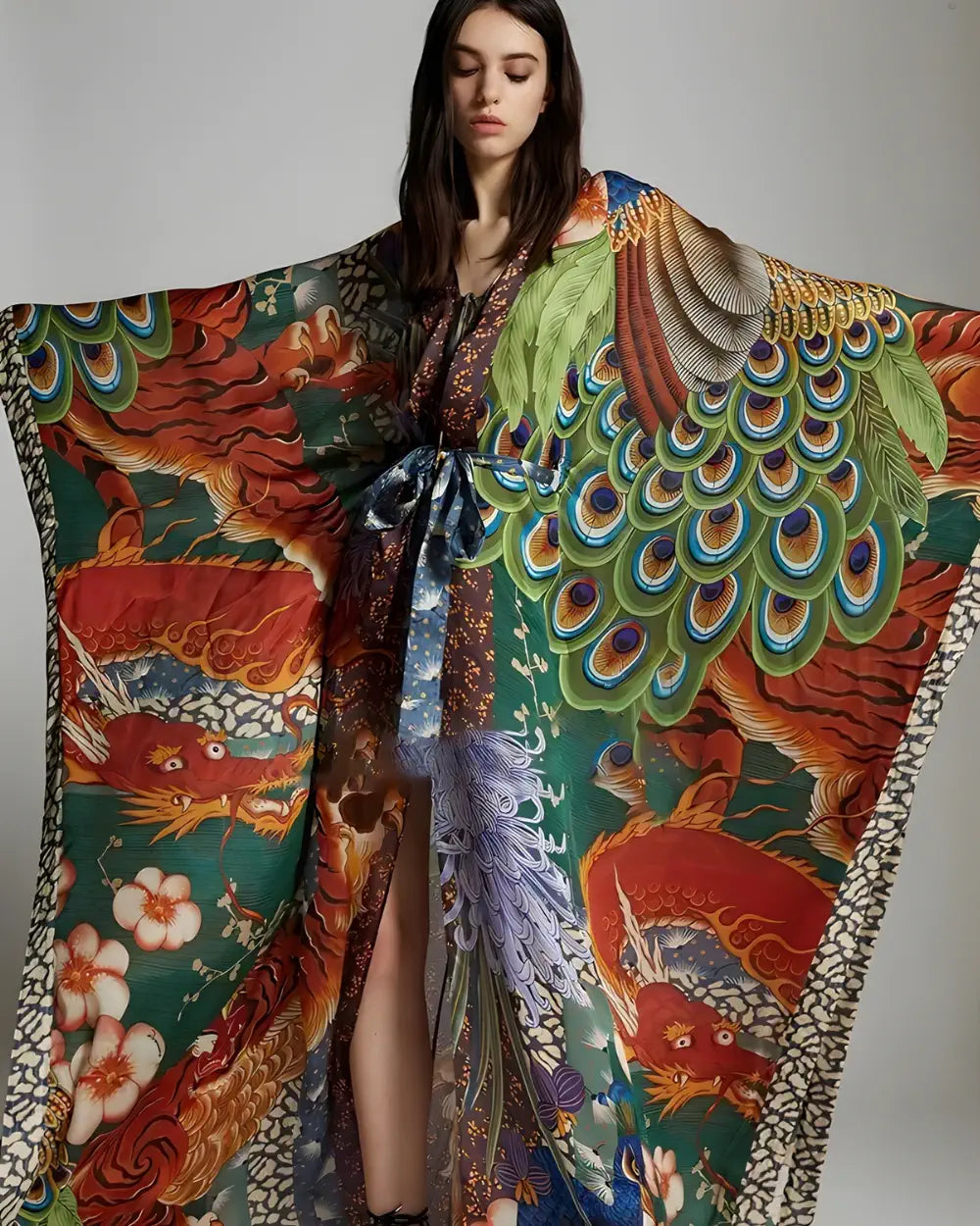 Kimono plage long vert satin femme Kagami