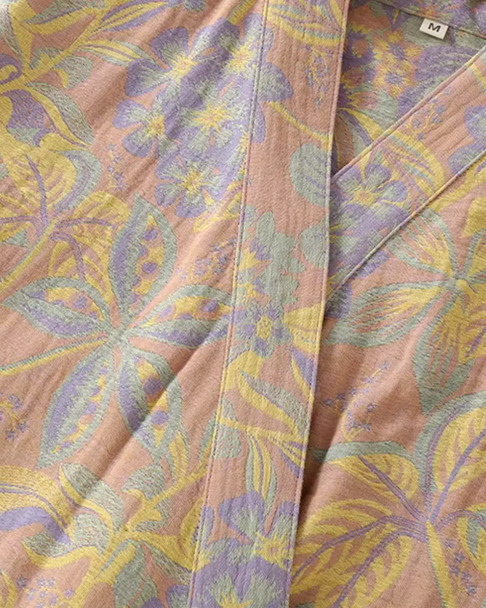 Peignoir kimono beige femme avec broderie florales Shironui