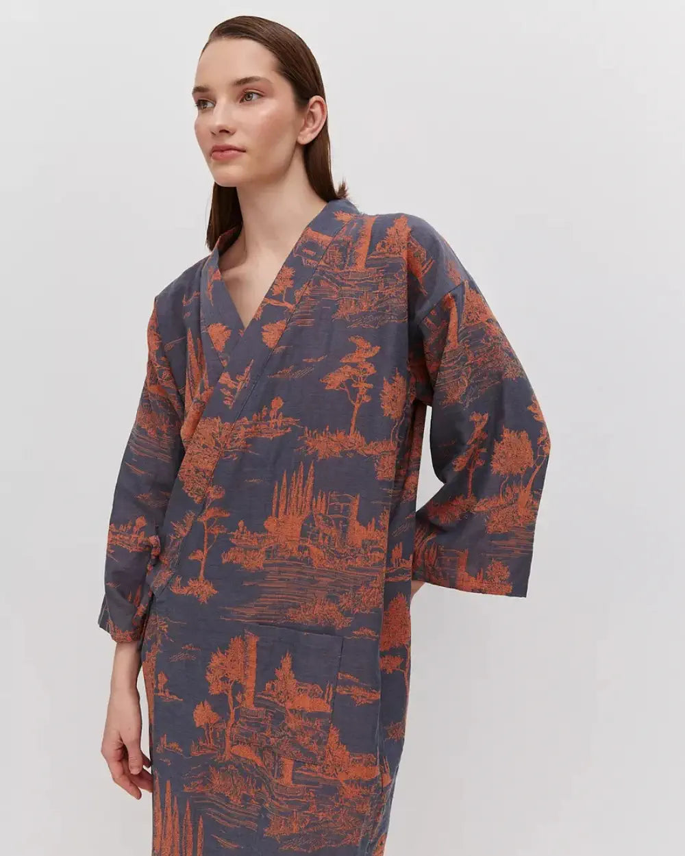 Peignoir kimono bleu marine femme & motifs japonais Akihiro