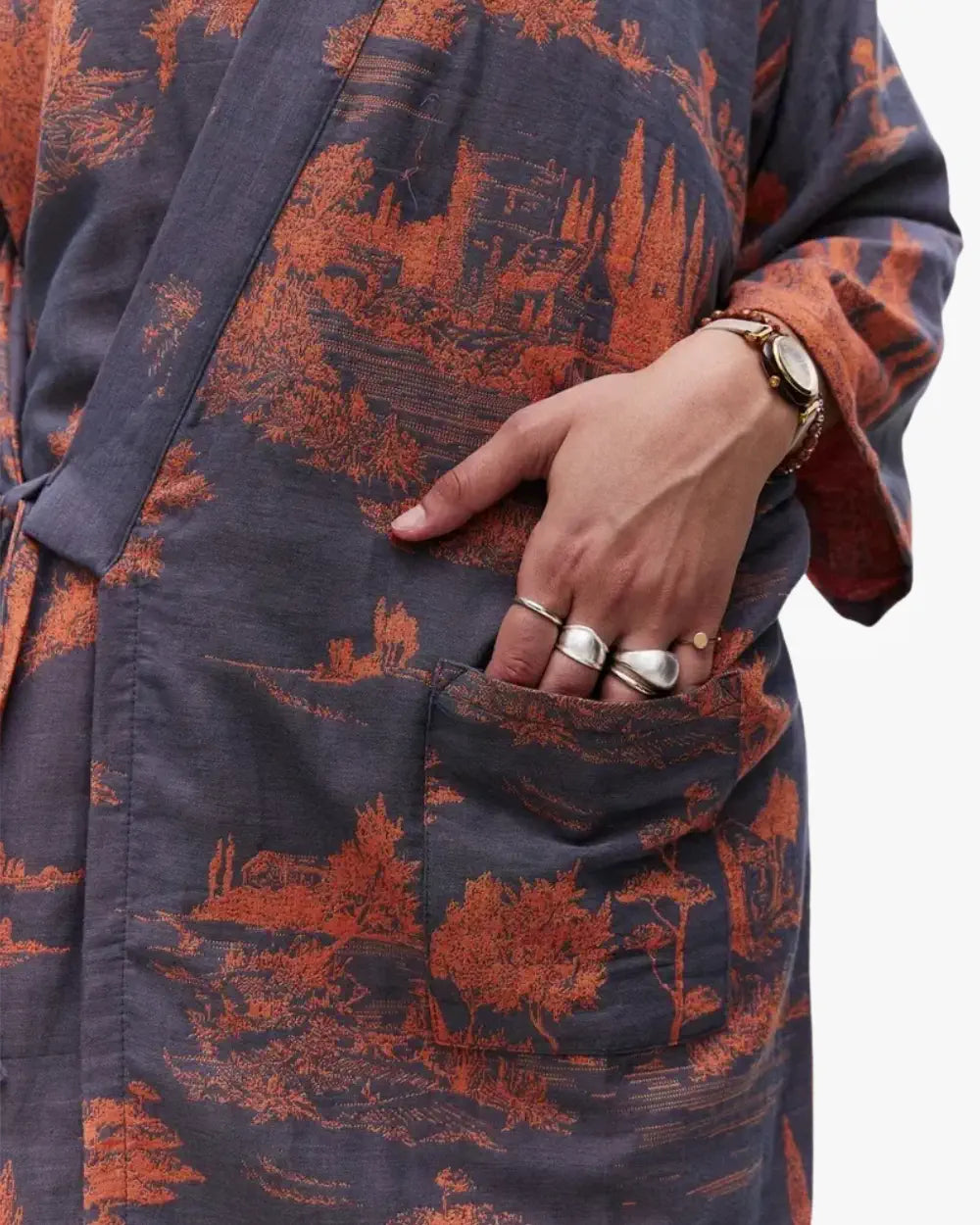 Peignoir kimono bleu marine femme & motifs japonais Akihiro