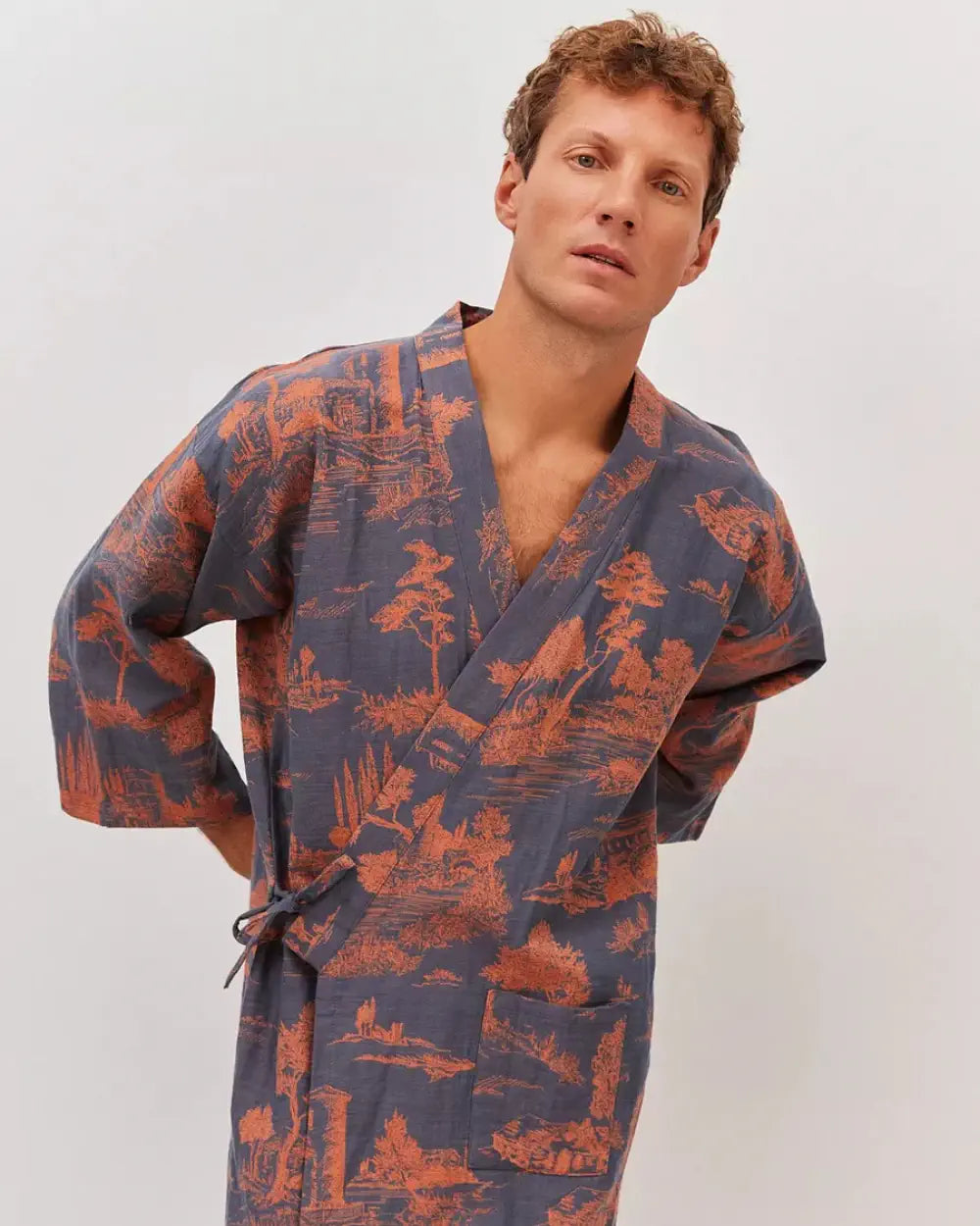 Peignoir kimono bleu marine homme & motifs japonais Akihiro