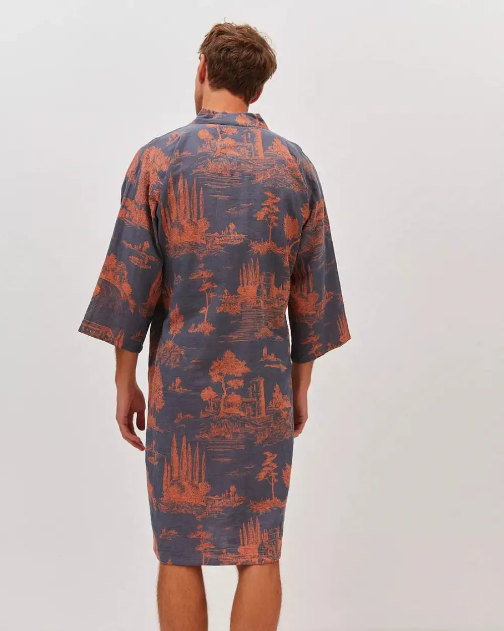 Peignoir kimono bleu marine homme & motifs japonais Akihiro