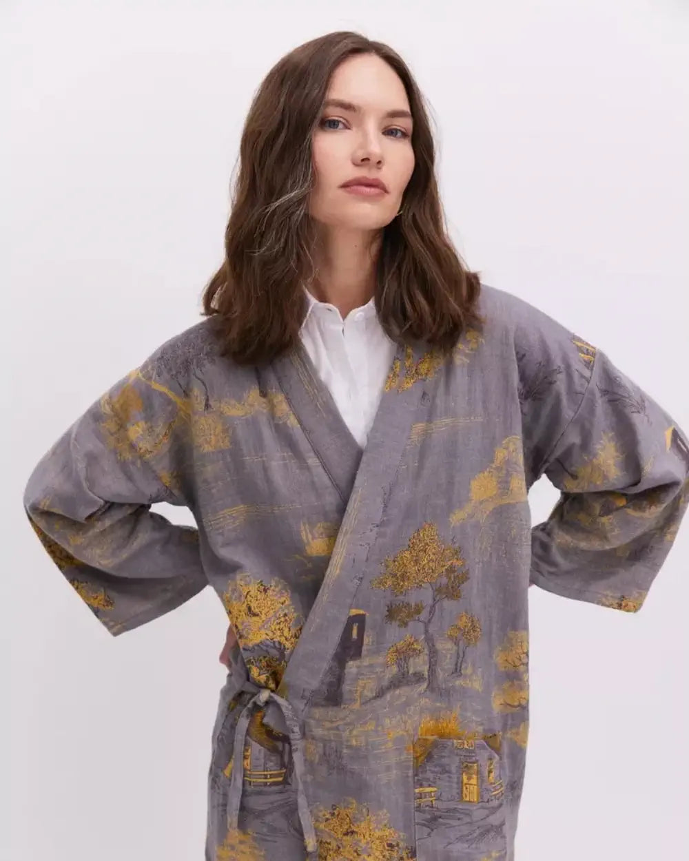 Peignoir kimono gris femme coton tsukine