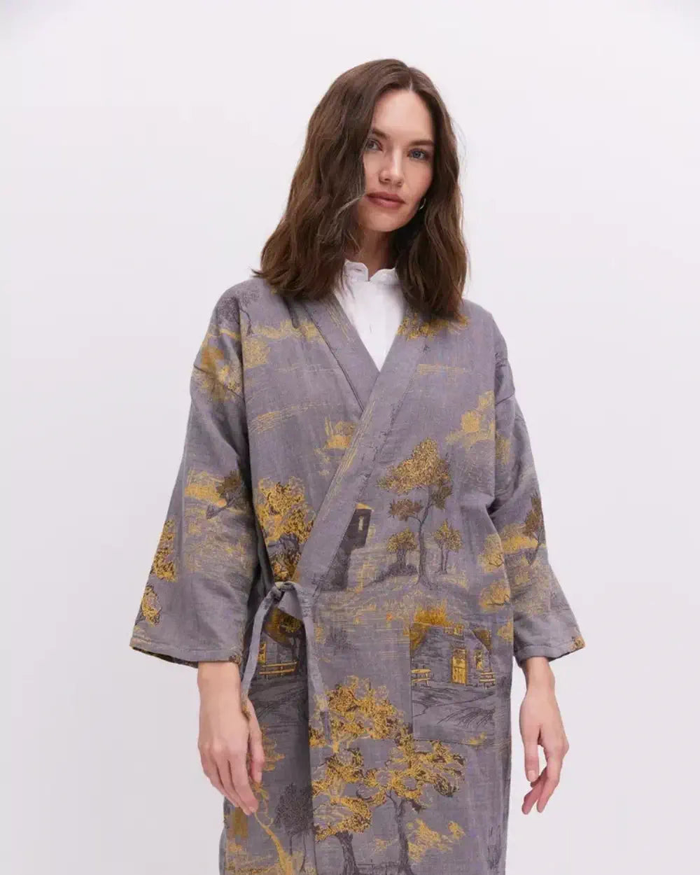 Peignoir kimono gris femme coton tsukine