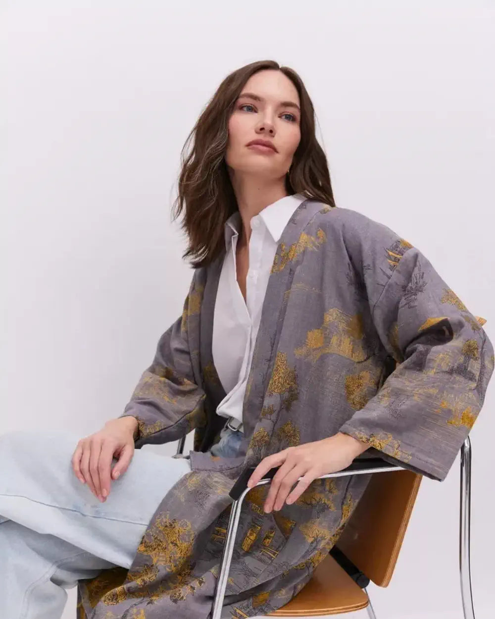 Peignoir kimono gris femme coton tsukine