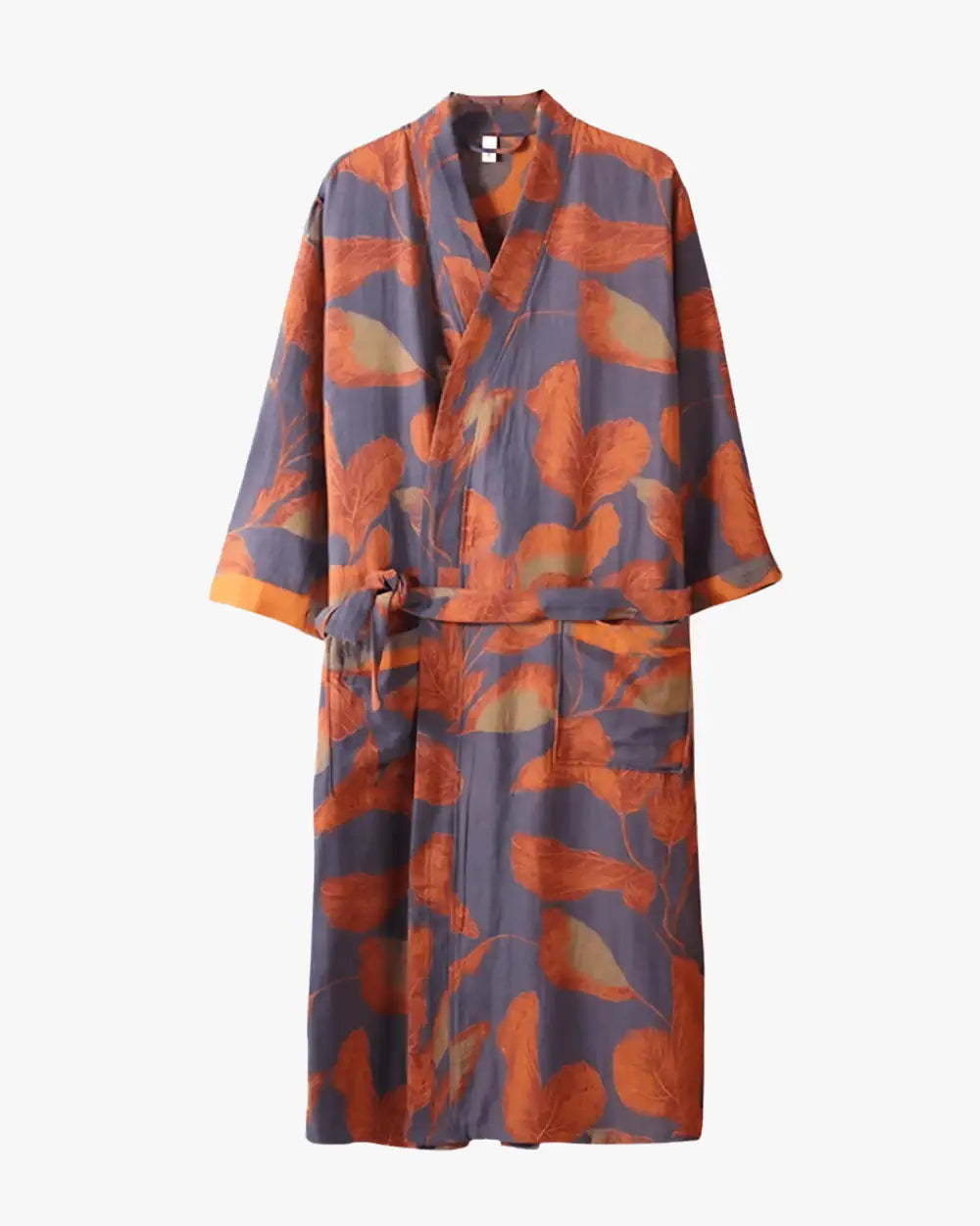 Peignoir kimono long femme orange avec motifs floraux japonais Kaede