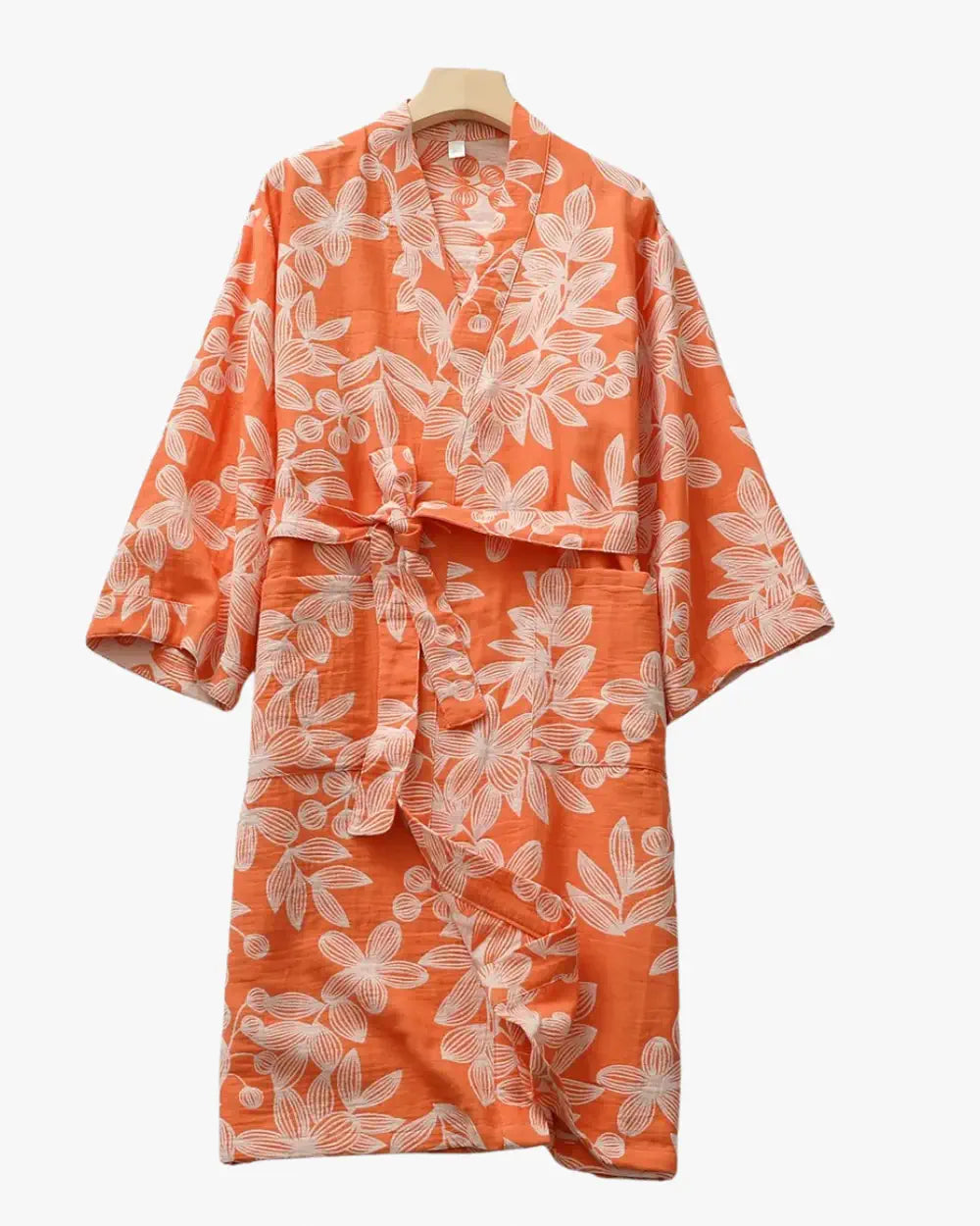 Peignoir kimono orange femme motifs floraux japonais Hanaka